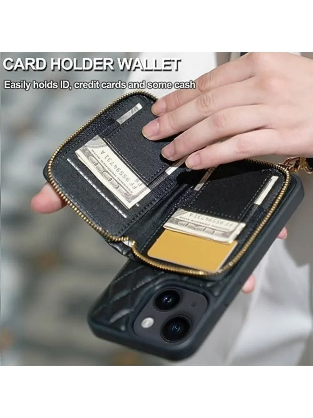 Quilted Leather Crossbody Wallet Case for iPhone 13, Shockproof, Chain Strap